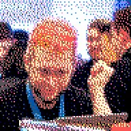 Photo of Matt looking at a computer screen, in 4-color EGA